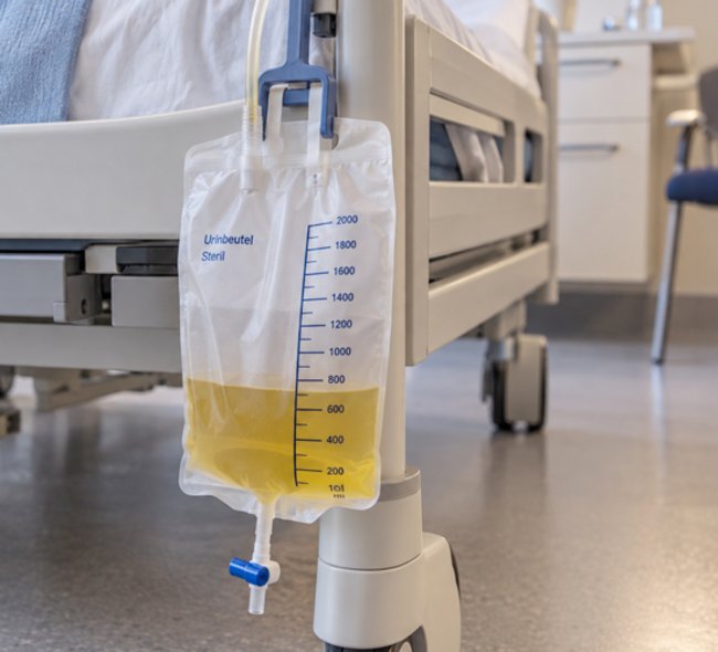 Dunkles Blut im Katheterbeutel - Bettbeutel hängend am Bett mit Urin